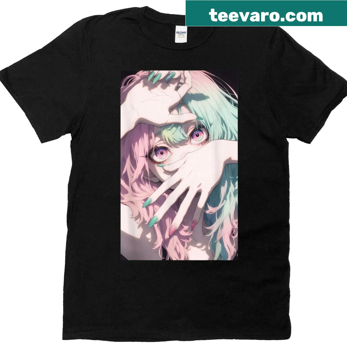 Pastel anime waifu girl graphic on a cute aesthetic t-shirt — on a men's t-shirt