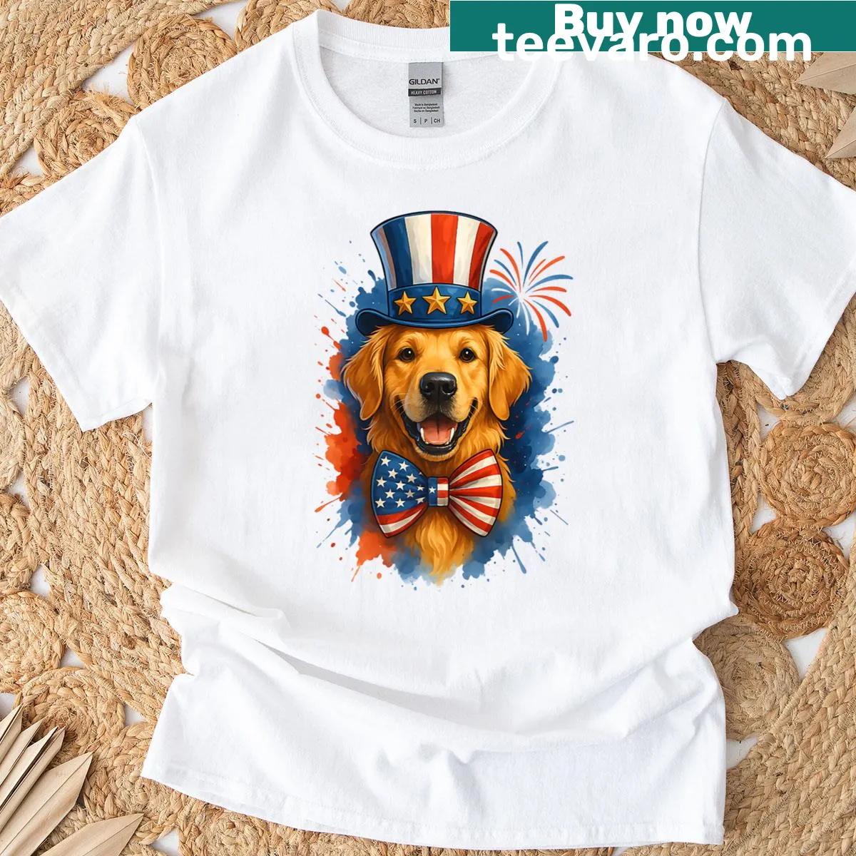 Golden retriever with American flag and top hat graphic t-shirt — on a men's t-shirt