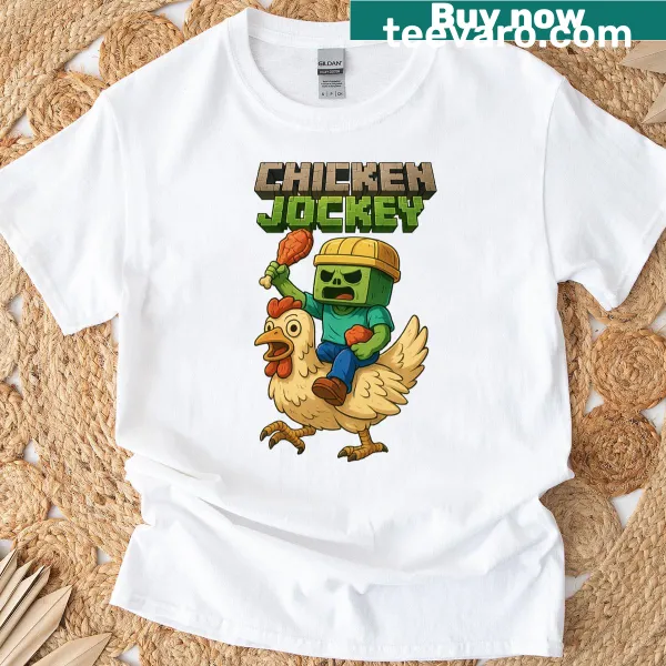 Pixel art t-shirt featuring a chicken jockey riding a monster