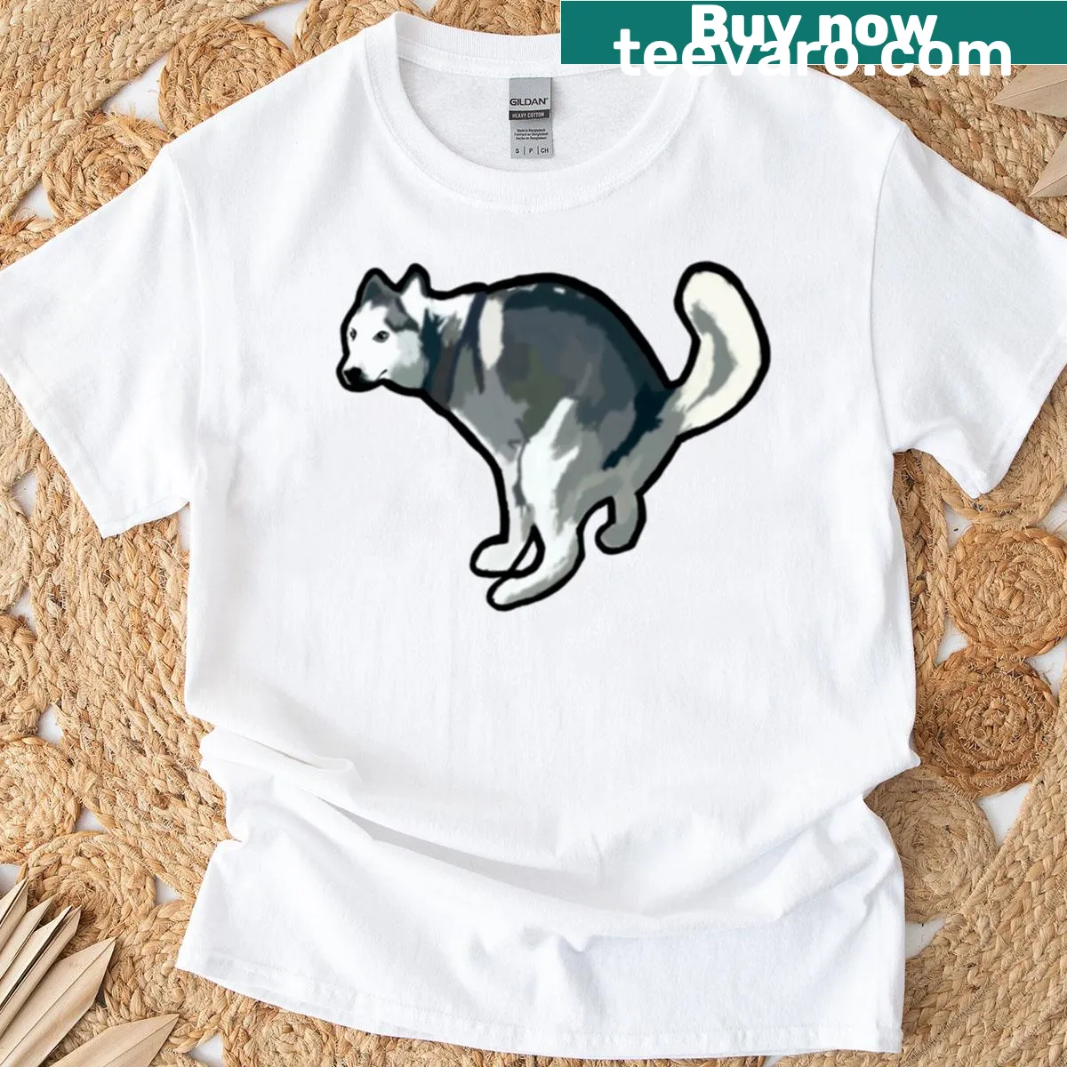 Humorous illustration of a pooping husky on a t-shirt — on a men's t-shirt