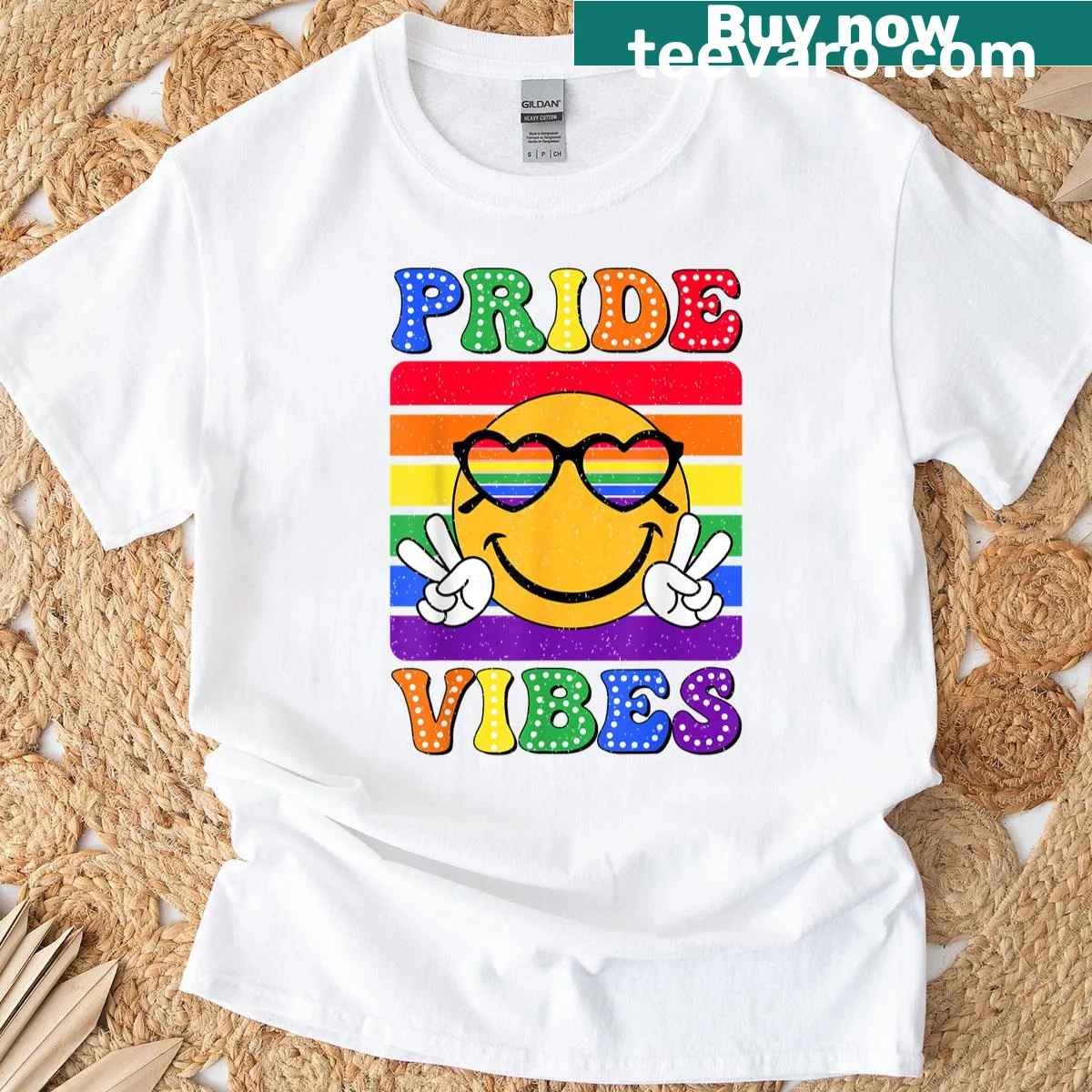 Smiley face design promoting pride vibes on a t-shirt — on a men's t-shirt