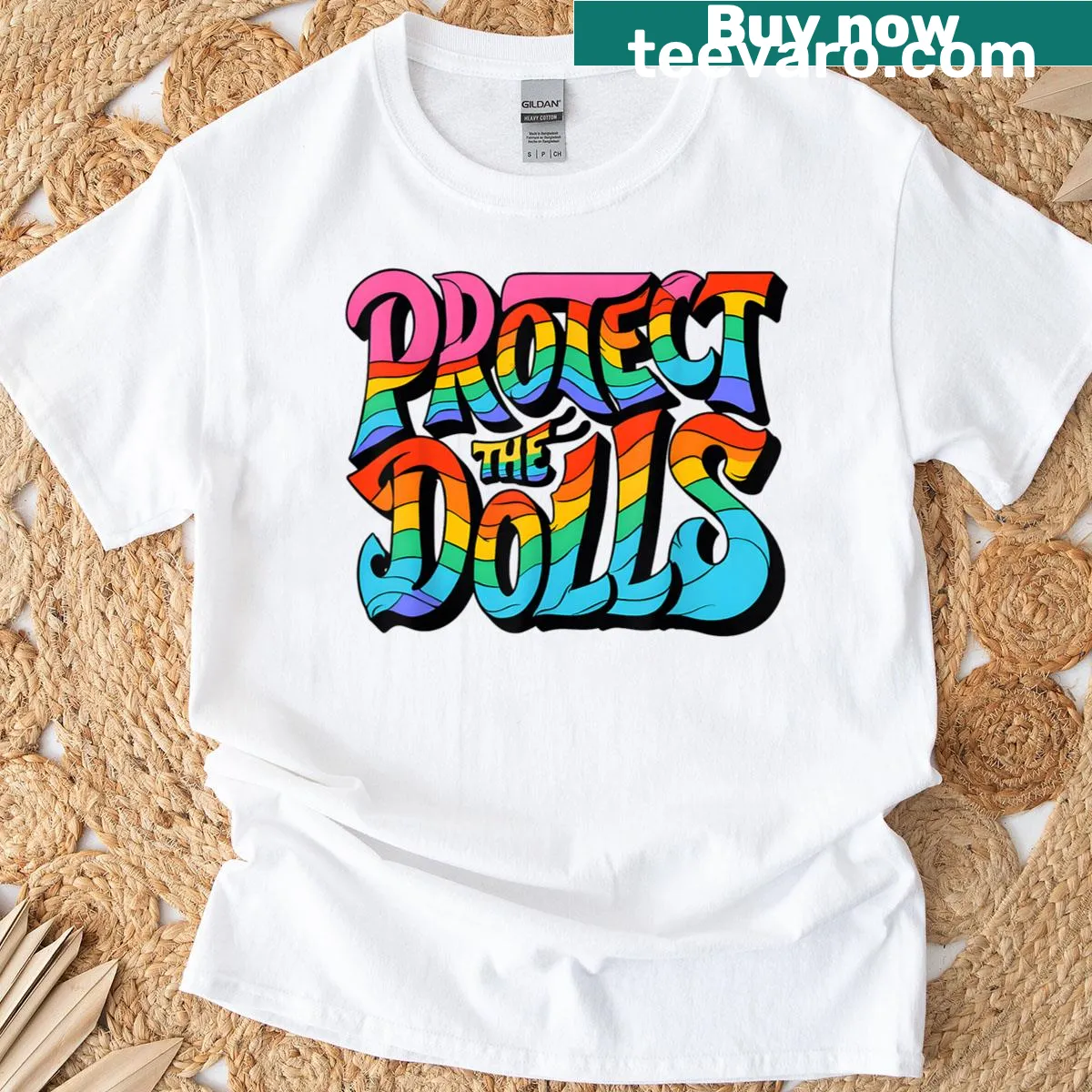 Retro graphic tee supporting LGBTQ pride and protecting dolls — on a men's t-shirt