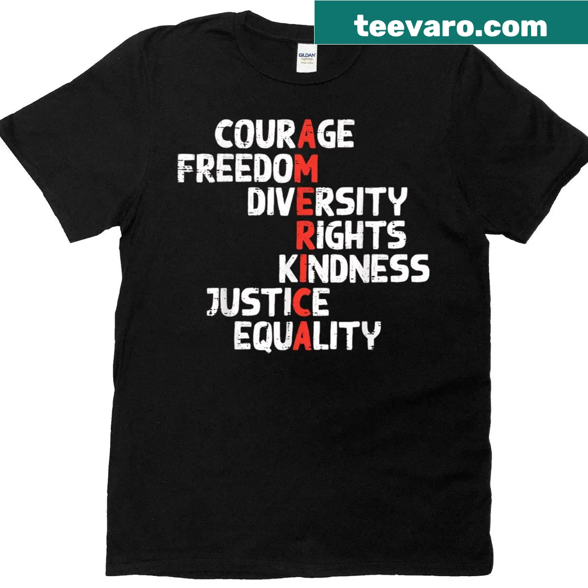Activism-themed T-shirt with 'Protest America' and related keywords. — on a men's t-shirt
