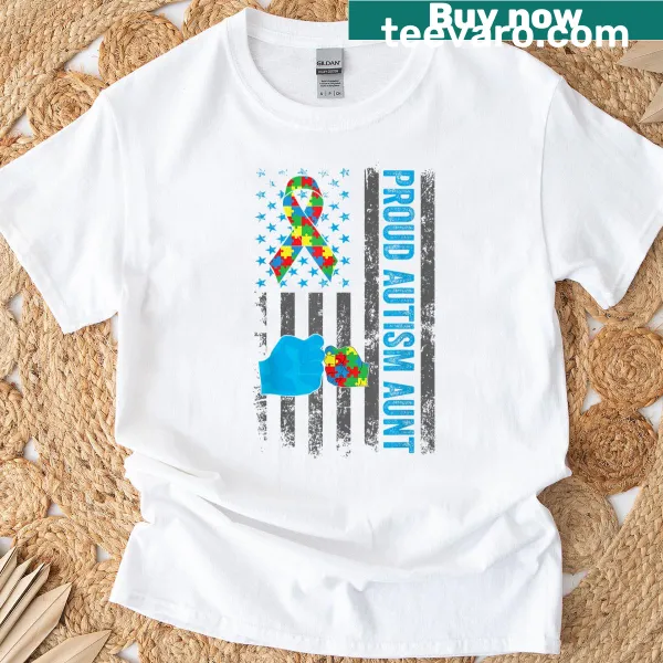 Proud Autism Aunt t-shirt with American flag and awareness symbol.