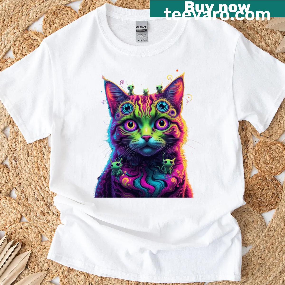 Psychedelic alien cat design on a t-shirt — on a men's t-shirt