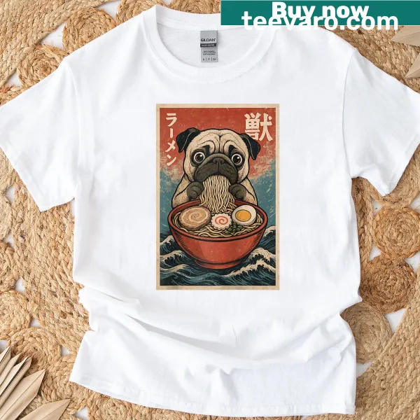 Kawaii raglan baseball tee featuring a pug eating ramen
