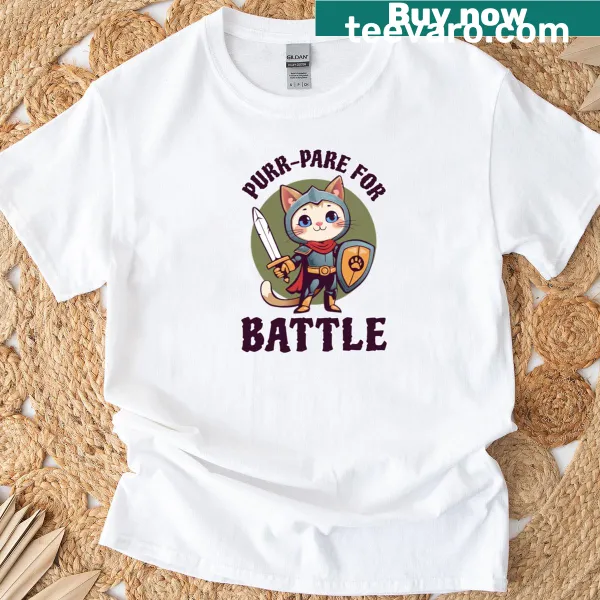 Illustrated cat knight graphic on T-shirt, depicting a feline warrior