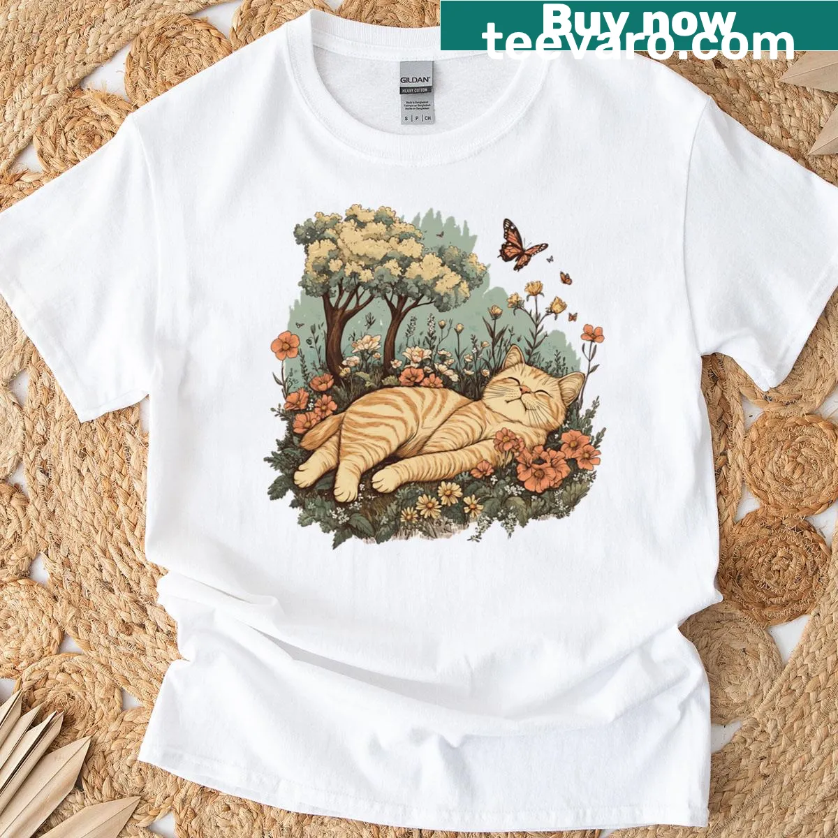 Illustration of a relaxed cat on a T-shirt, embodying tranquility — on a men's t-shirt