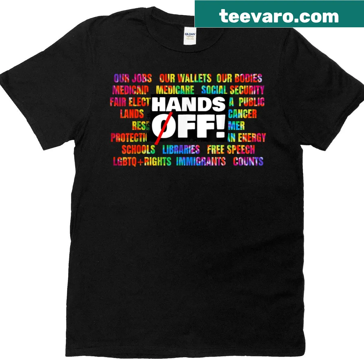 Hands Off slogan t-shirt with tye dye pattern for activists — on a men's t-shirt