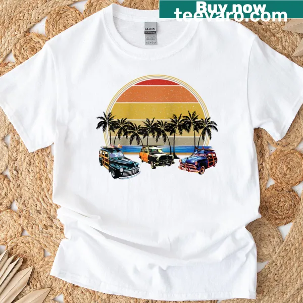 Vintage raglan tee with retro cars on a beach and palm trees