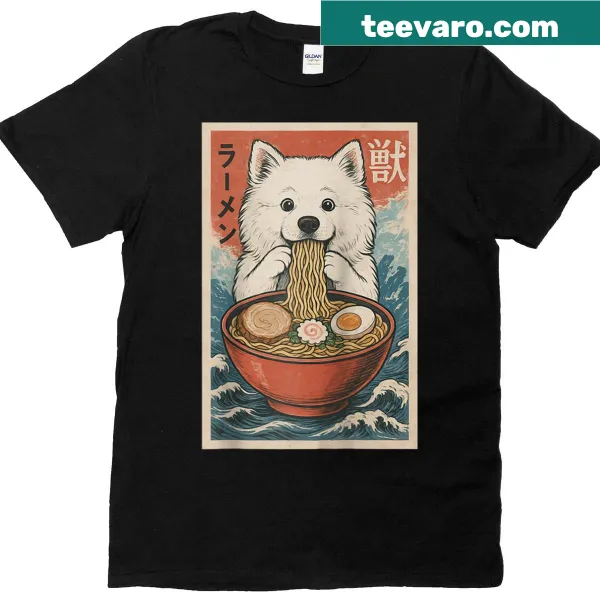 Cute Samoyed dog eating ramen in kawaii style