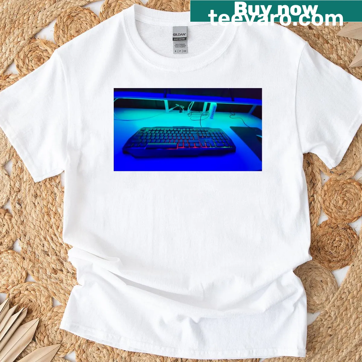 Minimalist design of a white gaming desk on a t-shirt — on a men's t-shirt