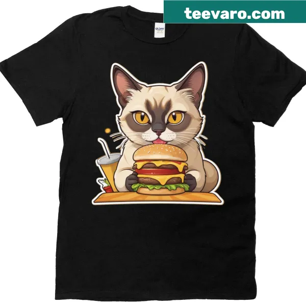 Siamese cat holding a hamburger in a fun graphic