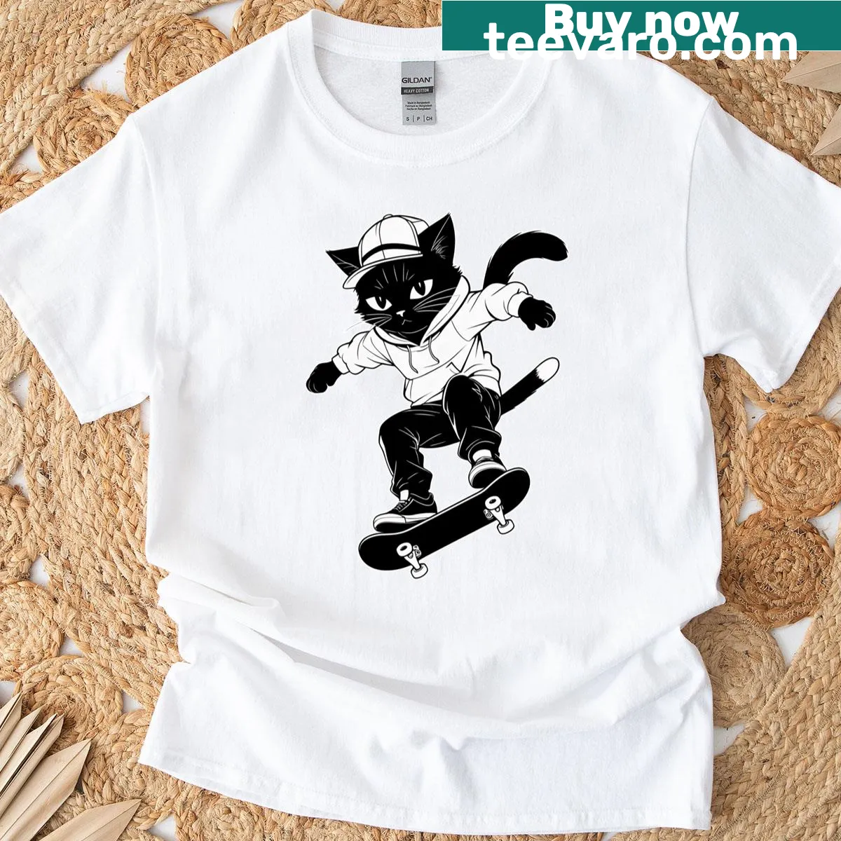 Anime-style cat flipping on a skateboard graphic — on a men's t-shirt