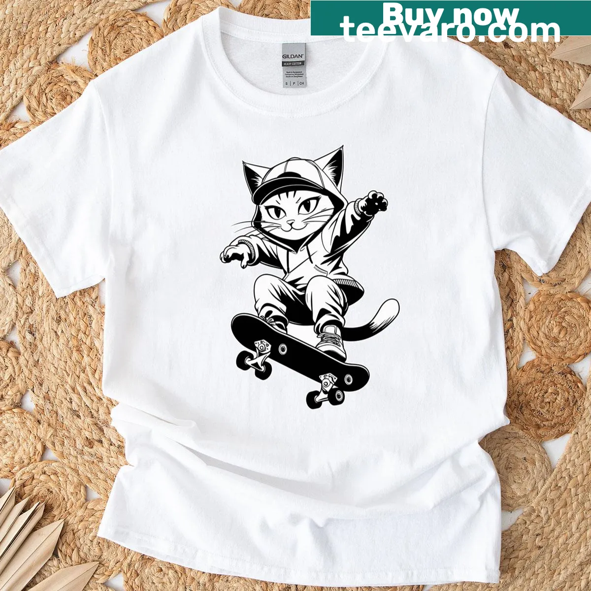 Cat performing a skateboard flip in an anime style — on a men's t-shirt