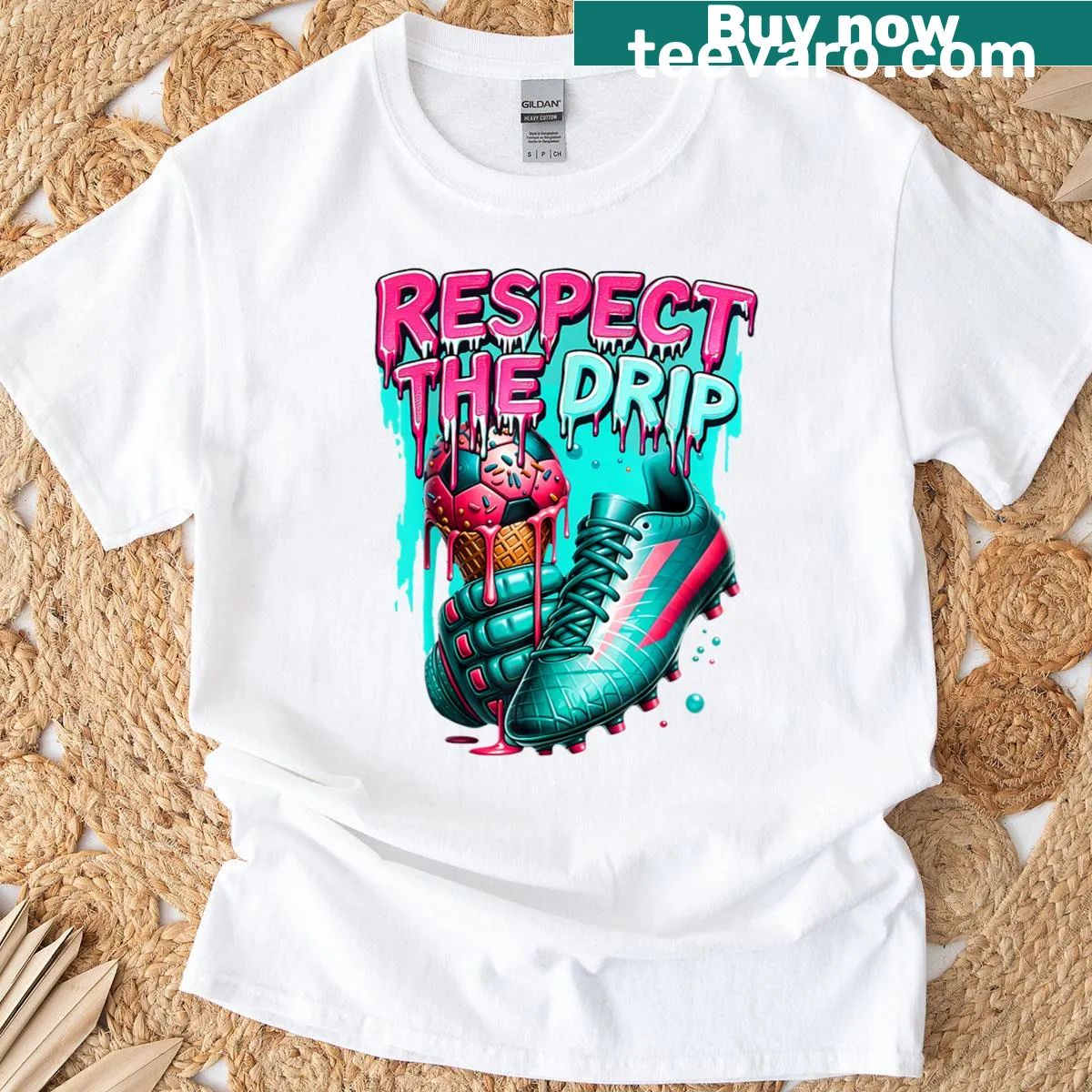 Cartoon soccer ball melting like ice cream graphic — on a men's t-shirt