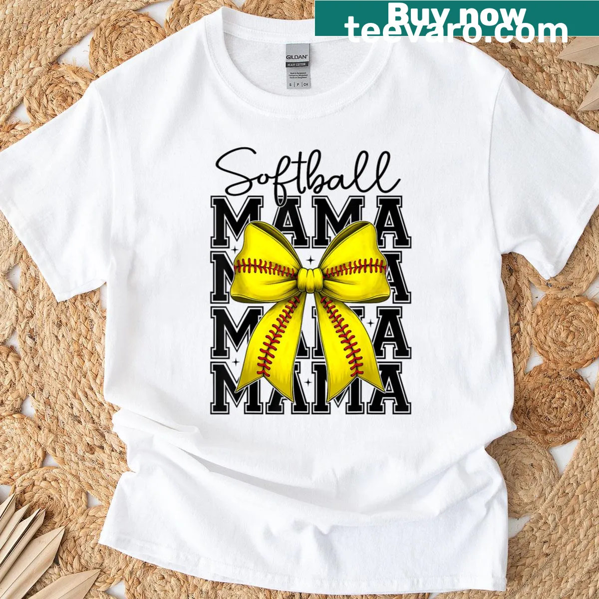 Typography design celebrating softball moms with a bow graphic — on a men's t-shirt