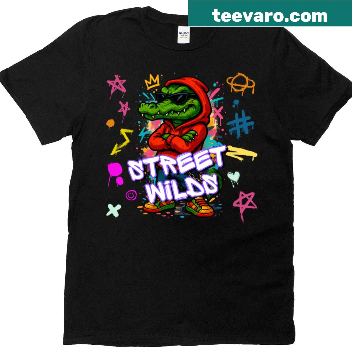 Graphic t-shirt featuring a crocodile and graffiti art — on a men's t-shirt