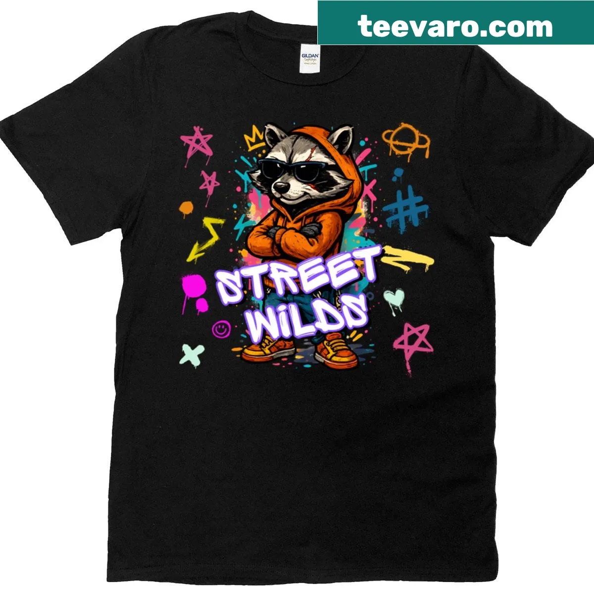Cool raccoon graphic with graffiti design on T-shirt — on a men's t-shirt
