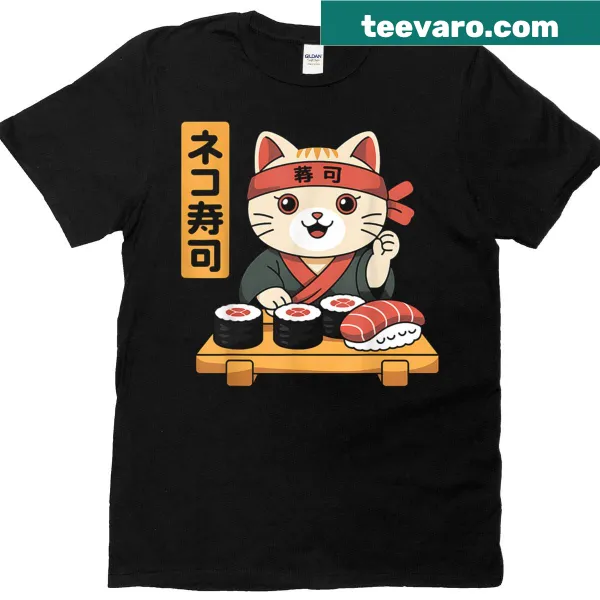 Kawaii cartoon sushi cat graphic T-shirt for foodies and cat lovers
