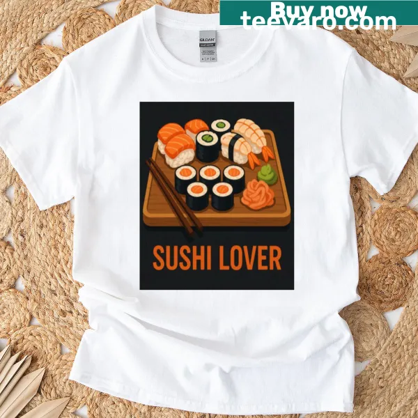 Whimsical Sushi Lover T-shirt featuring playful food graphics