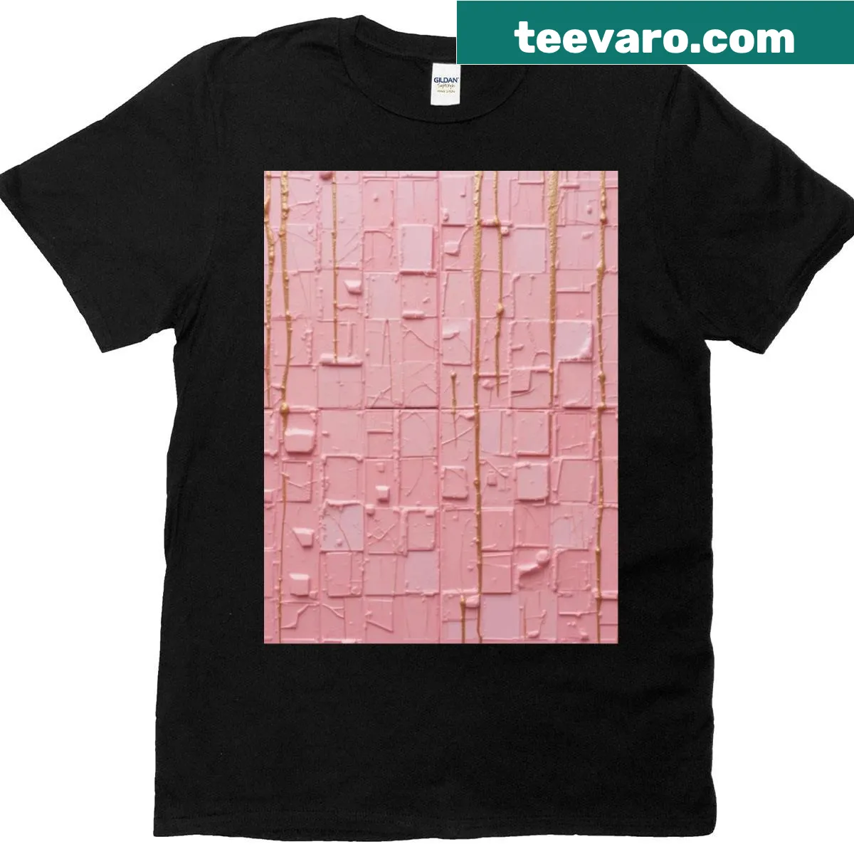 Abstract pattern T-shirt with pink paint and gold drips design — on a men's t-shirt
