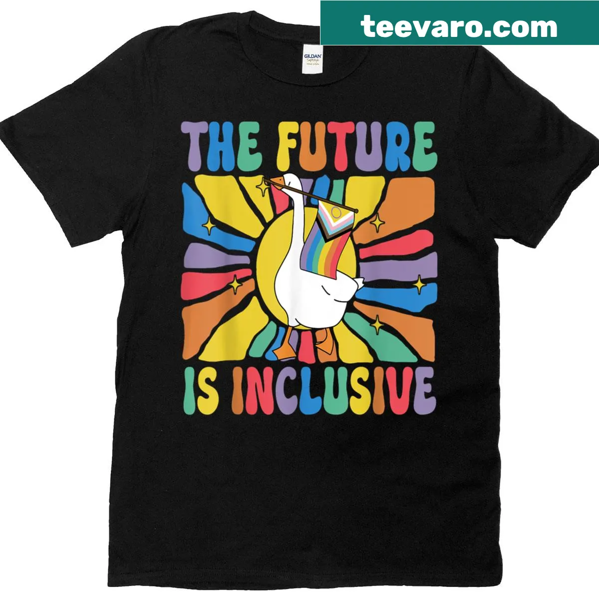 Rainbow typography T-shirt with 'The Future Is Inclusive' text — on a men's t-shirt