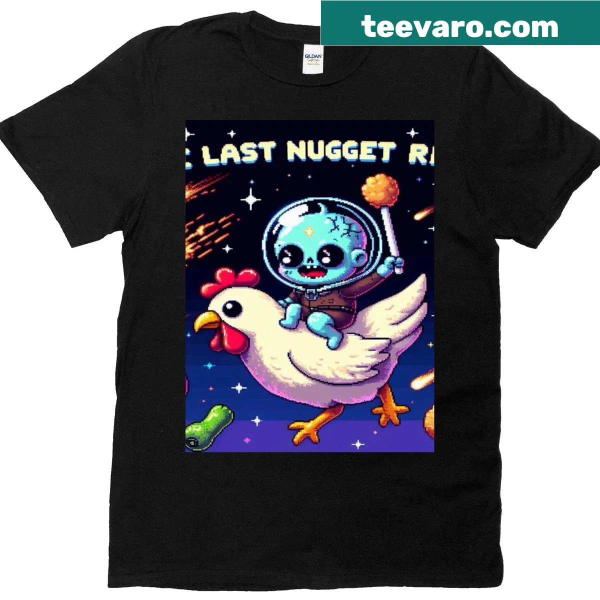 Whimsical nugget riding graphic T-shirt — on a men's t-shirt