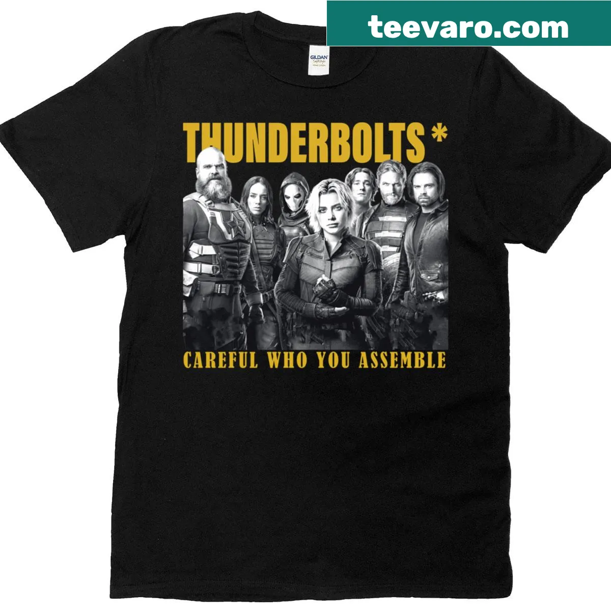 Vintage poster-style graphic featuring Thunderbolts characters — on a men's t-shirt