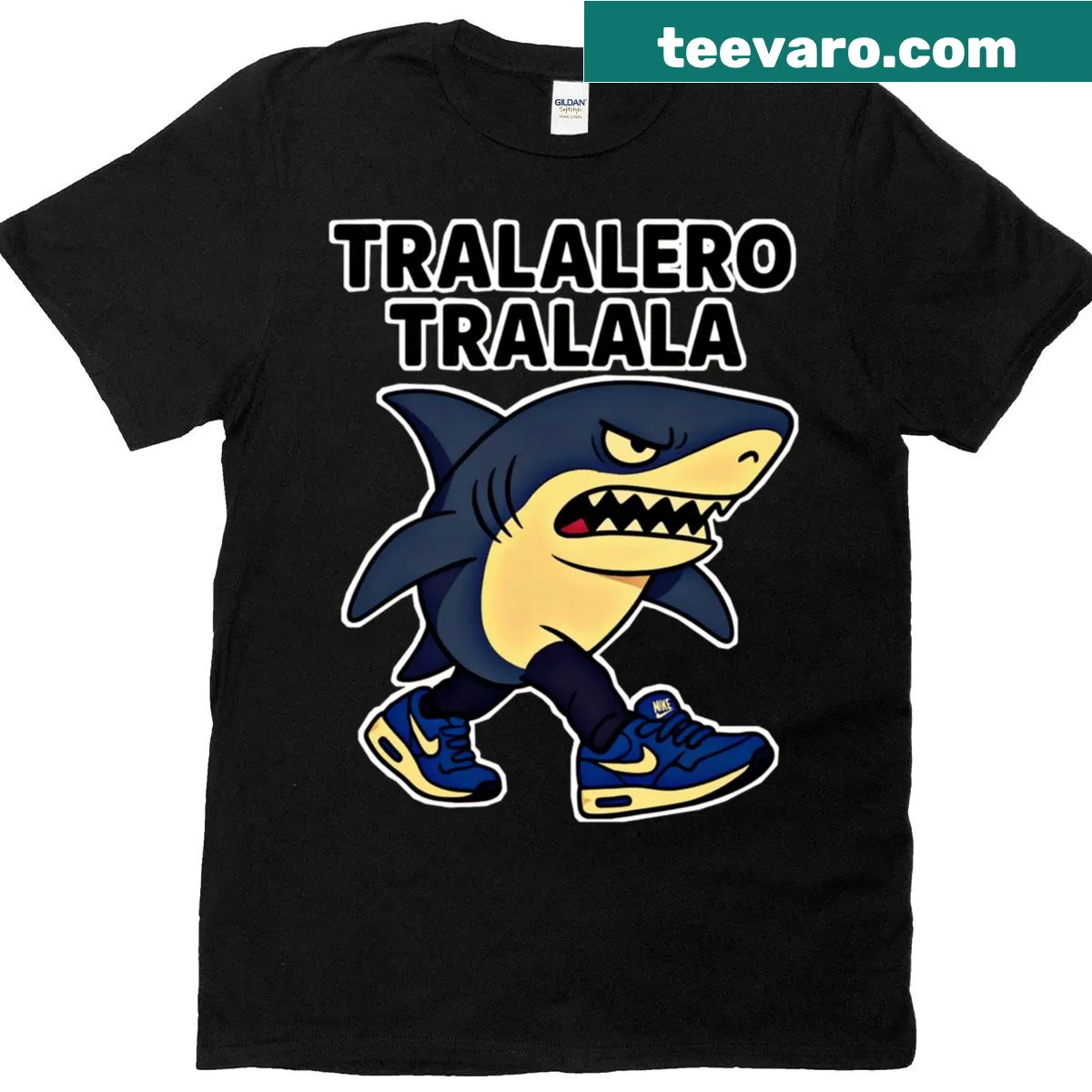 Cartoon shark on a mission graphic T-shirt — on a men's t-shirt