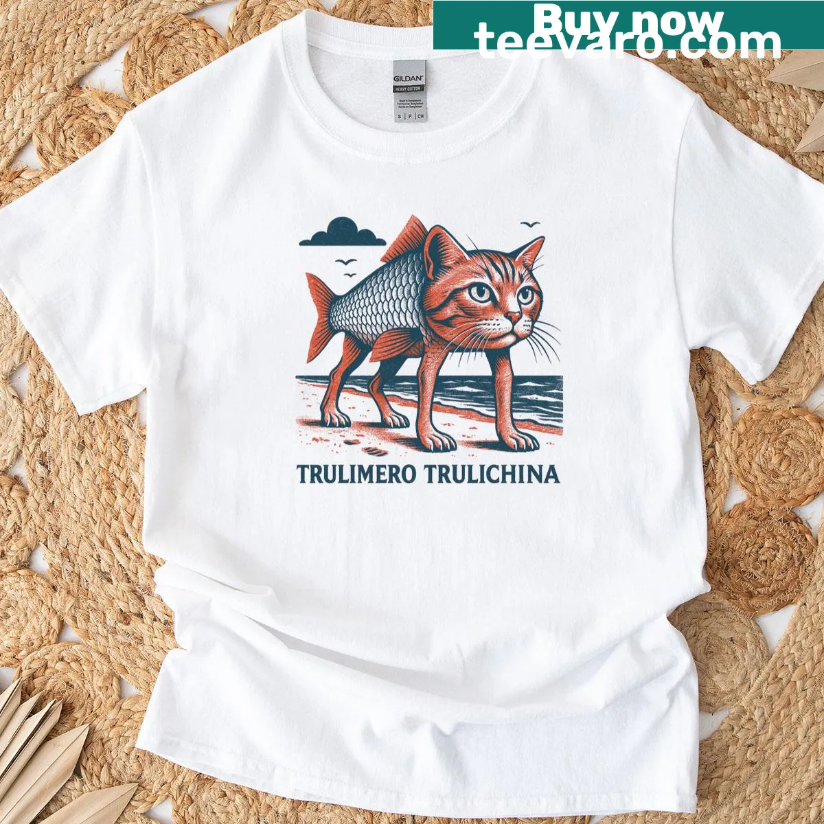 Illustration of a fish-cat amalgam design on a t-shirt — on a men's t-shirt