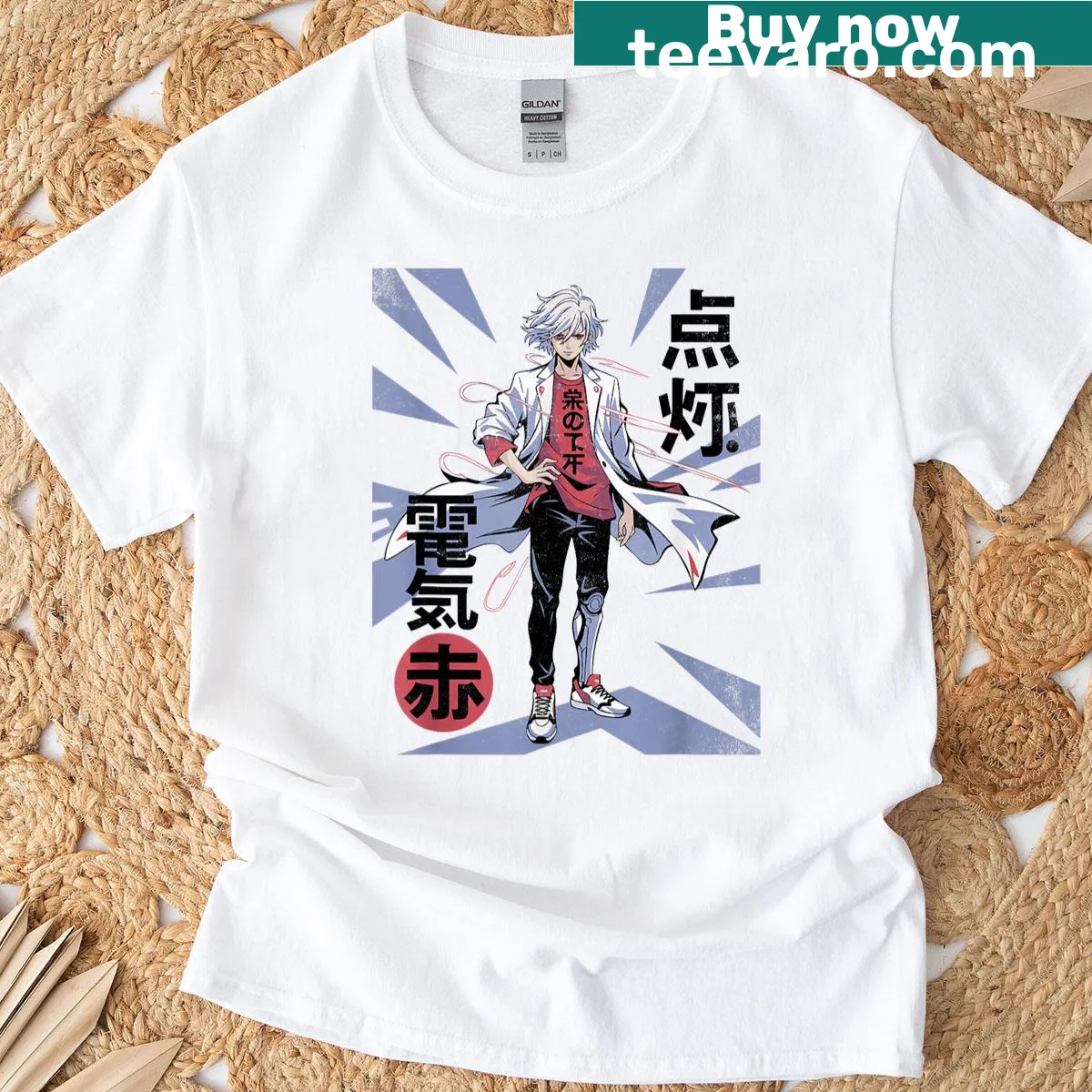 Playful vintage anime boy graphic T-shirt celebrating Japanese style — on a men's t-shirt