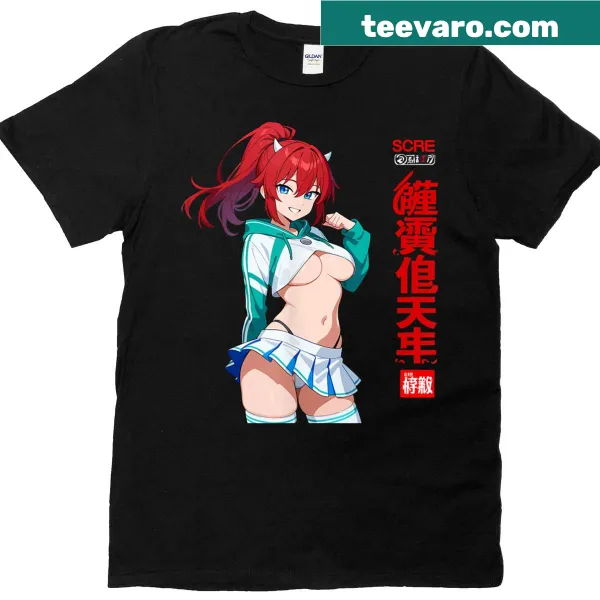 Anime girl t-shirt with horns and mini skirt design.