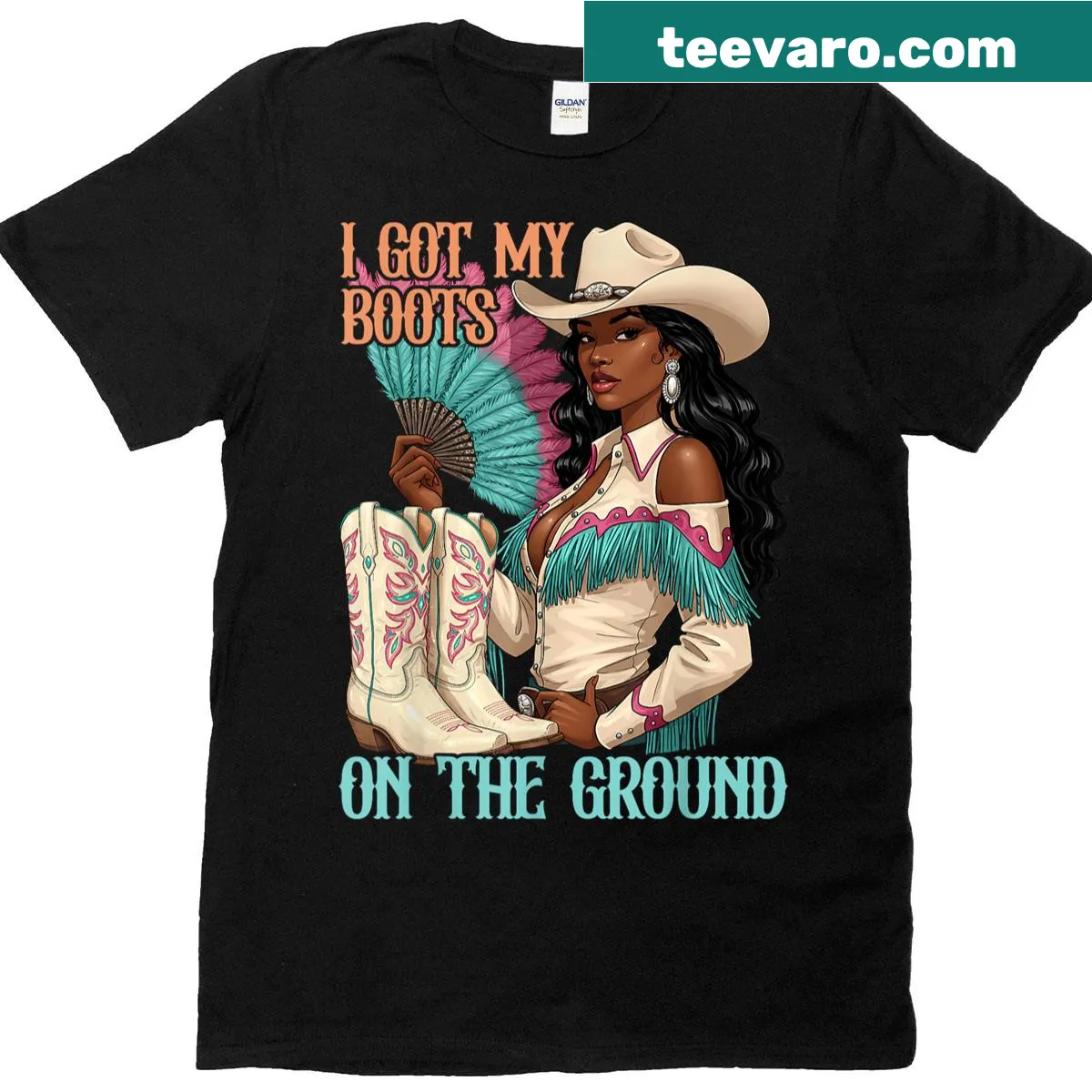 Empowering cowgirl T-shirt with bold typography and cultural pride. — on a men's t-shirt