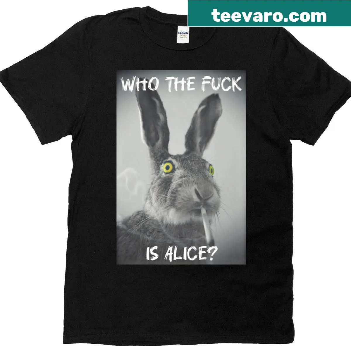 Edgy T-shirt with the phrase Who The Fck Is Alice — on a men's t-shirt