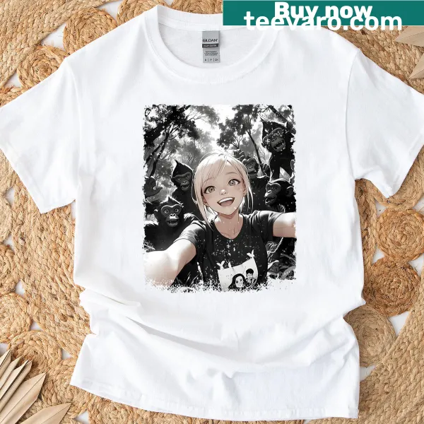 Funny anime girl and monkeys graphic T-shirt for casual wear
