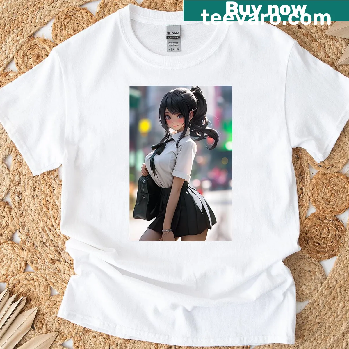 Cute anime school girl waifu illustration on a T-shirt — on a men's t-shirt