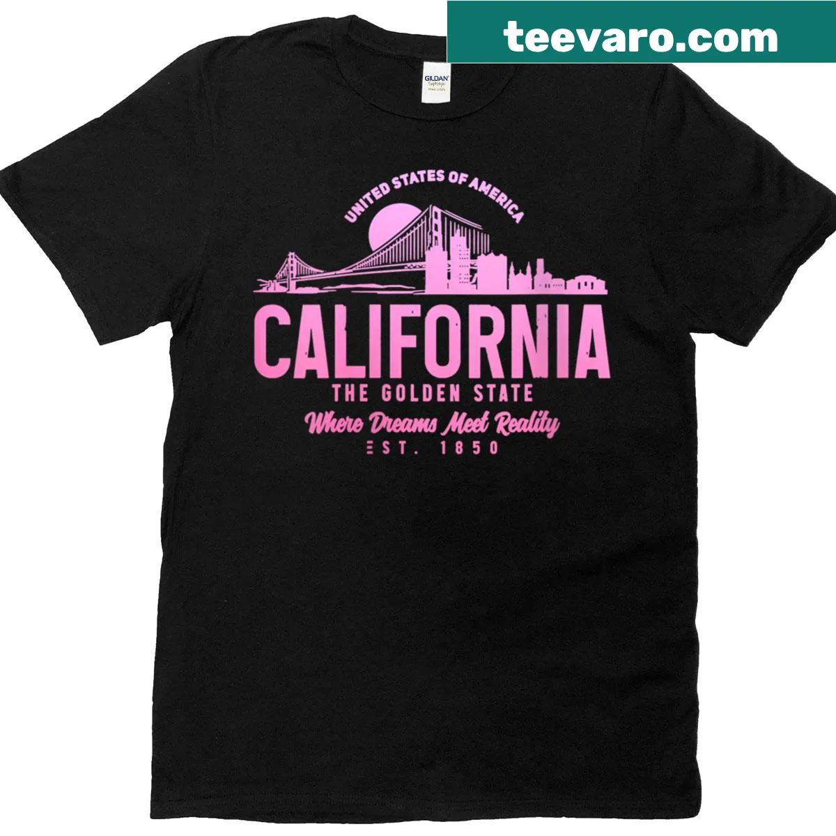 Vintage distressed California skyline t-shirt with Golden Gate Bridge — on a men's t-shirt