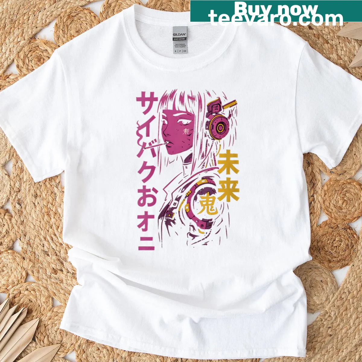 Futuristic illustration of a cyberpunk anime girl with a demon theme — on a men's t-shirt