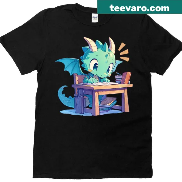 Cartoon dragon sitting at a school desk design T-shirt