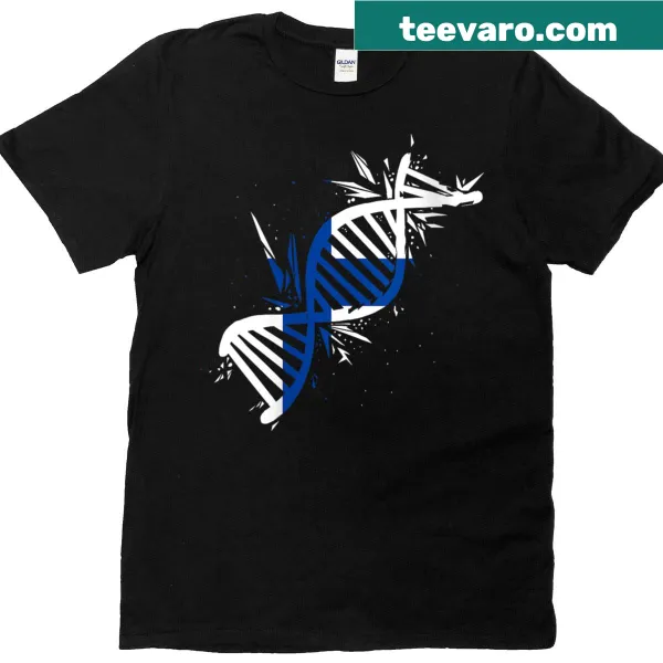 T-shirt featuring a Finnish flag design combined with a DNA molecule illustration