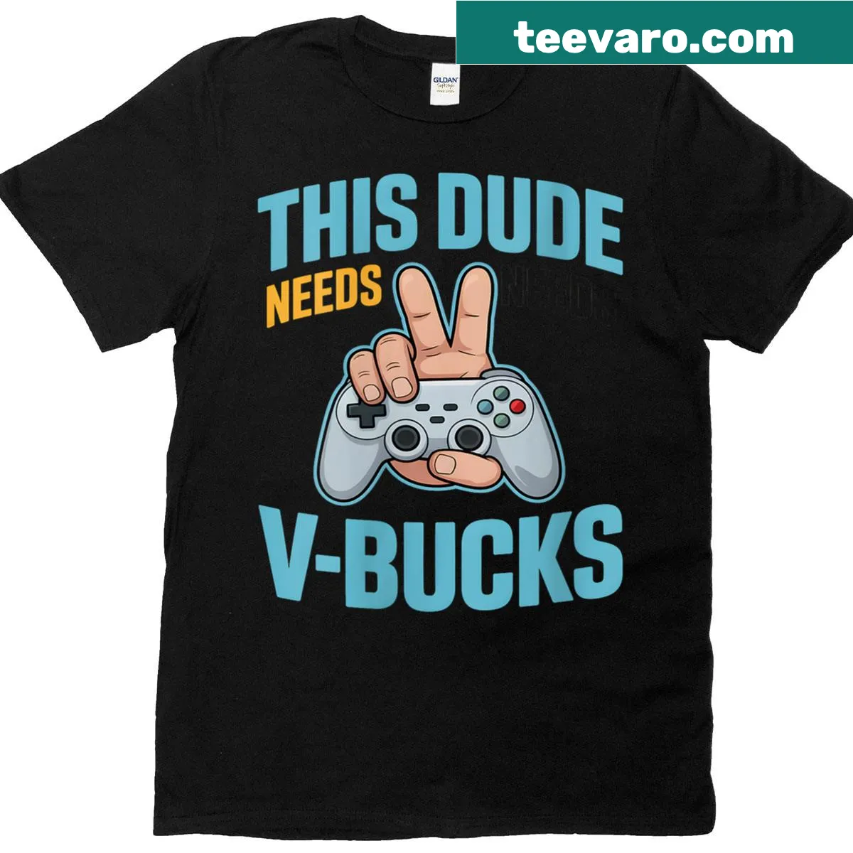 Funny gaming t-shirt with controller and V-bucks graphic — on a men's t-shirt