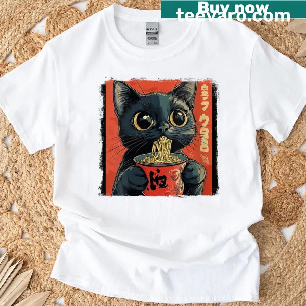 Kawaii cat in ramen noodle bowl graphic on a T-shirt