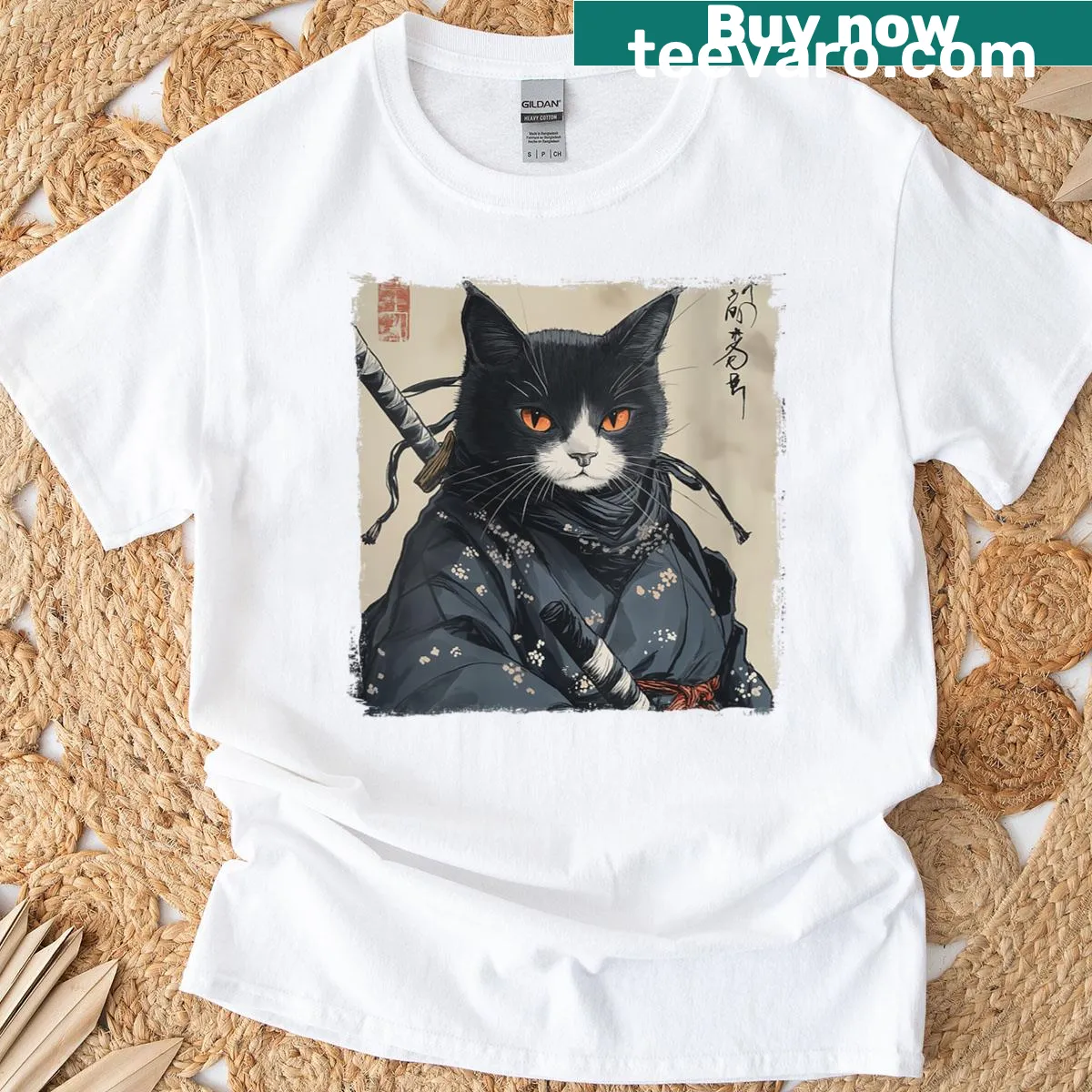 Vintage-style t-shirt with a samurai cat Ukiyo-e print. — on a men's t-shirt
