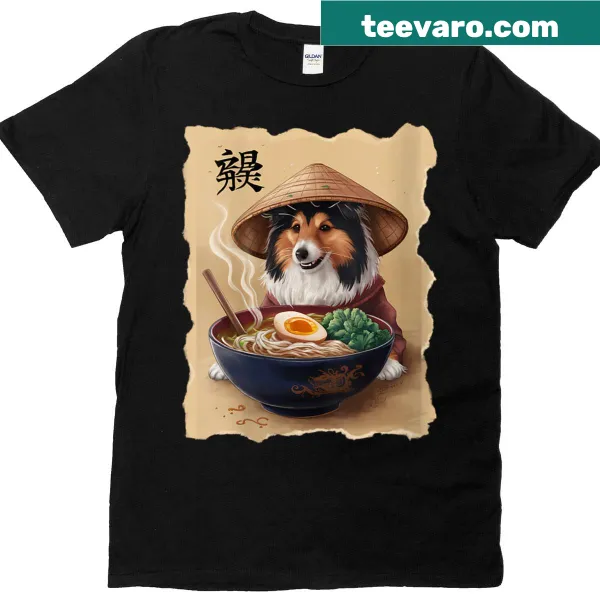 Kawaii couple eating ramen with a Shetland Sheepdog design