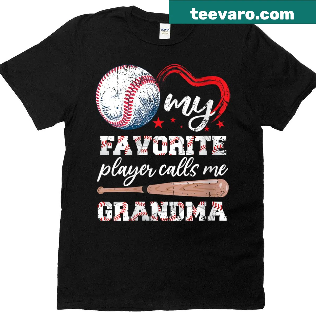 Whimsical t-shirt stating 'My Favorite Player Calls Me Grandma' with baseball theme — on a men's t-shirt
