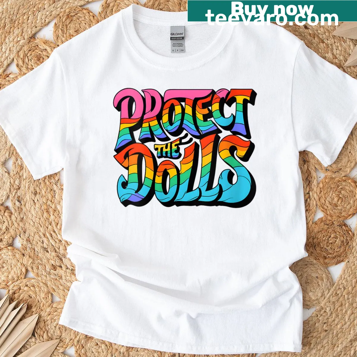 Retro graphic tee with a humorous doll protection message — on a men's t-shirt