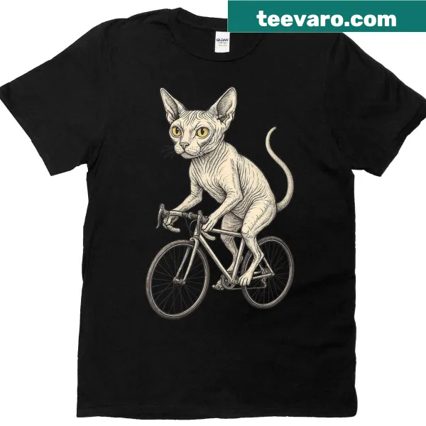 Funny T-shirt featuring a Sphynx cat riding a bicycle, perfect for cat lovers.