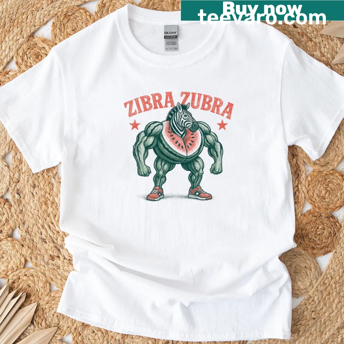 Cartoon muscle zebra with watermelon design on a t-shirt — on a men's t-shirt