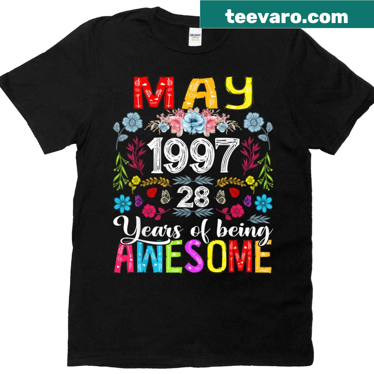 Funny floral design T-shirt celebrating 28th birthday with playful text — on a men's t-shirt